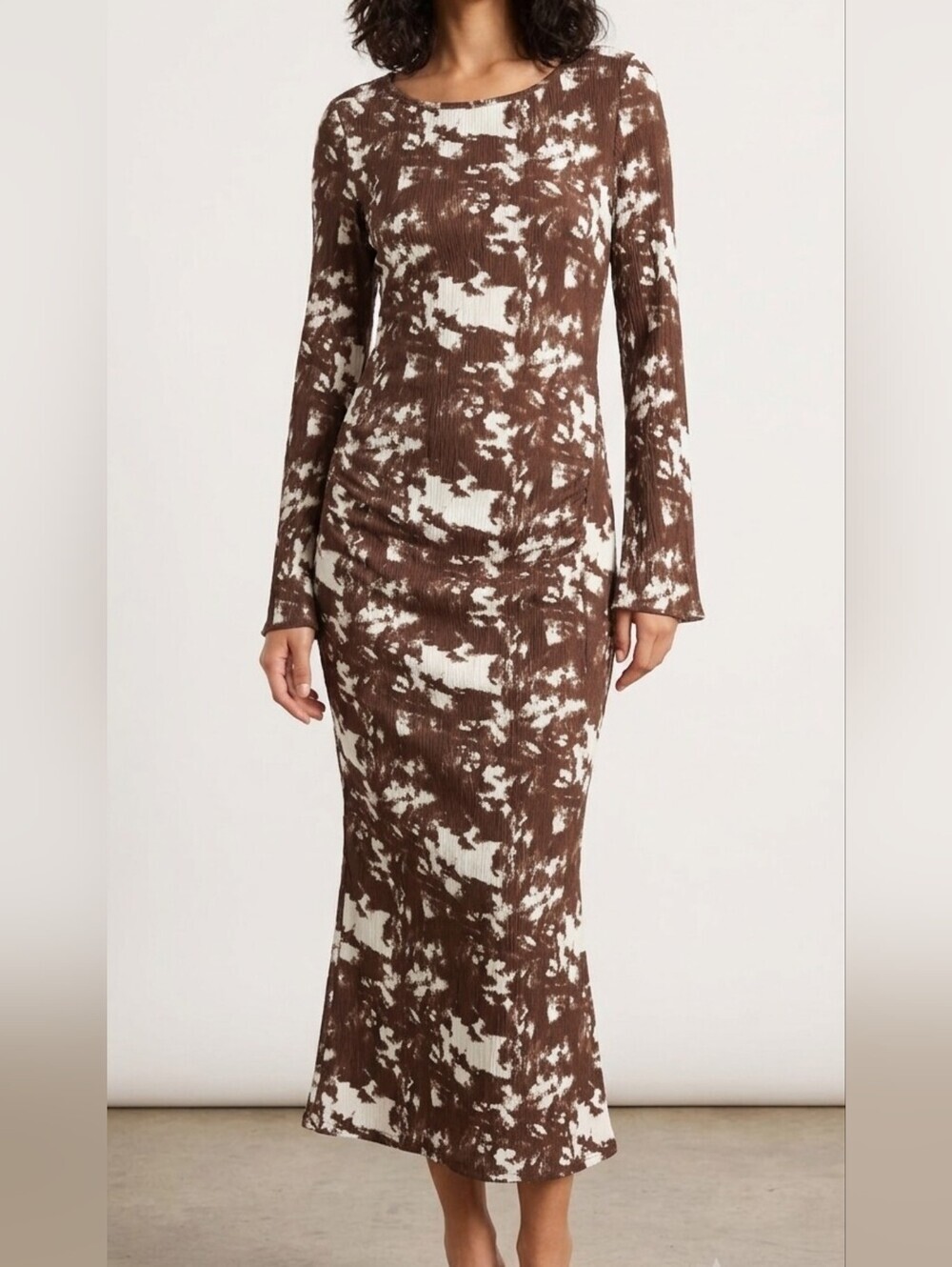 Brown & White Ribbed Abstract Print Ruched Waist Fishtail Hem Midi Dress - Small